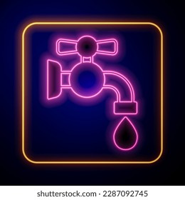 Glowing neon Water tap icon isolated on black background.  Vector