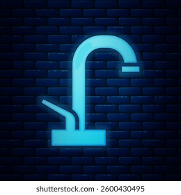 Glowing neon Water tap icon isolated on brick wall background.  Vector