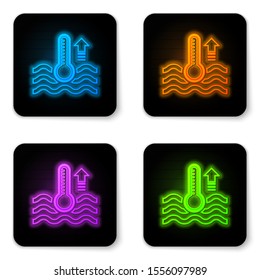 Glowing neon Water thermometer measuring heat and cold icon isolated on white background. Thermometer equipment showing hot or cold weather. Black square button. Vector Illustration