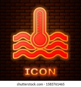 Glowing neon Water thermometer measuring heat and cold icon isolated on brick wall background. Thermometer equipment showing hot or cold weather.  Vector Illustration