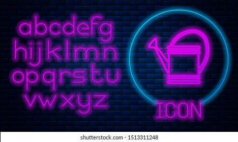 Glowing neon Watering can icon isolated on brick wall background. Irrigation symbol. Neon light alphabet. Vector Illustration