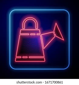 Glowing neon Watering can icon isolated on blue background. Irrigation symbol.  Vector Illustration