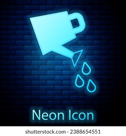 Glowing neon Watering can icon isolated on brick wall background. Irrigation symbol.  Vector