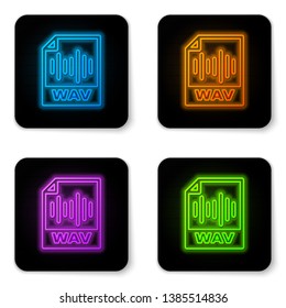 Glowing neon WAV file document icon. Download wav button icon isolated on white background. WAV waveform audio file format for digital audio riff files. Black square button. Vector Illustration