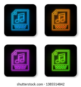 Glowing neon WAV file document icon. Download wav button icon isolated on white background. WAV waveform audio file format for digital audio riff files. Black square button. Vector Illustration