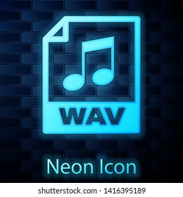 Glowing neon WAV file document icon. Download wav button icon isolated on brick wall background. WAV waveform audio file format for digital audio riff files. Vector Illustration