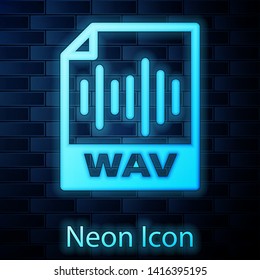 Glowing neon WAV file document icon. Download wav button icon isolated on brick wall background. WAV waveform audio file format for digital audio riff files. Vector Illustration