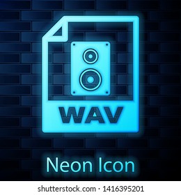 Glowing neon WAV file document icon. Download wav button icon isolated on brick wall background. WAV waveform audio file format for digital audio riff files. Vector Illustration