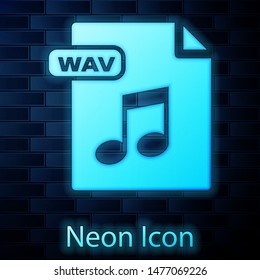 Glowing neon WAV file document. Download wav button icon isolated on brick wall background. WAV waveform audio file format for digital audio riff files.  Vector Illustration