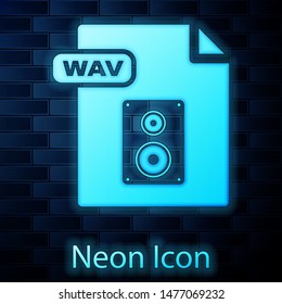 Glowing neon WAV file document. Download wav button icon isolated on brick wall background. WAV waveform audio file format for digital audio riff files.  Vector Illustration