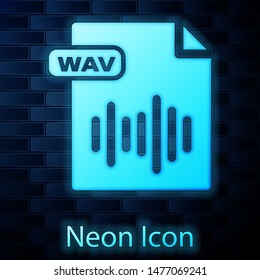 Glowing neon WAV file document. Download wav button icon isolated on brick wall background. WAV waveform audio file format for digital audio riff files.  Vector Illustration