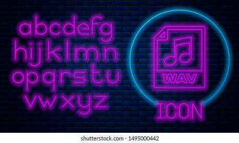 Glowing neon WAV file document. Download wav button icon isolated on brick wall background. WAV waveform audio file format for digital audio riff files. Neon light alphabet. Vector Illustration