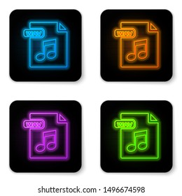 Glowing neon WAV file document. Download wav button icon isolated on white background. WAV waveform audio file format for digital audio riff files. Black square button. Vector Illustration