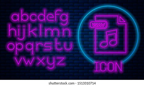 Glowing neon WAV file document. Download wav button icon isolated on brick wall background. WAV waveform audio file format for digital audio riff files. Neon light alphabet. Vector Illustration