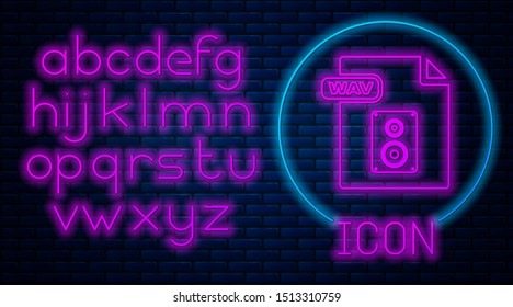 Glowing neon WAV file document. Download wav button icon isolated on brick wall background. WAV waveform audio file format for digital audio riff files. Neon light alphabet. Vector Illustration