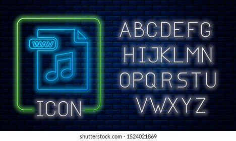 Glowing neon WAV file document. Download wav button icon isolated on brick wall background. WAV waveform audio file format for digital audio riff files. Neon light alphabet. Vector Illustration