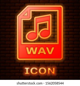 Glowing neon WAV file document. Download wav button icon isolated on brick wall background. WAV waveform audio file format for digital audio riff files.  Vector Illustration