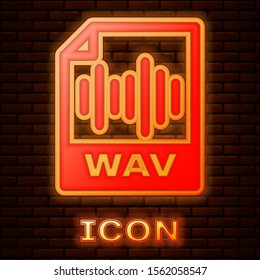 Glowing neon WAV file document. Download wav button icon isolated on brick wall background. WAV waveform audio file format for digital audio riff files.  Vector Illustration