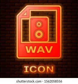 Glowing neon WAV file document. Download wav button icon isolated on brick wall background. WAV waveform audio file format for digital audio riff files.  Vector Illustration