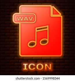 Glowing neon WAV file document. Download wav button icon isolated on brick wall background. WAV waveform audio file format for digital audio riff files.  Vector Illustration