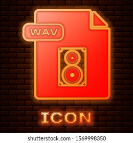 Glowing neon WAV file document. Download wav button icon isolated on brick wall background. WAV waveform audio file format for digital audio riff files.  Vector Illustration