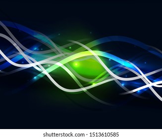 Las líneas de onda de neón brillan sobre el fondo del movimiento. Energía ondulada en color negro, diseño fractal. Ilustración mágica de vectores
