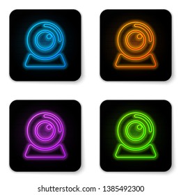 Glowing neon Web camera icon isolated on white background. Chat camera. Webcam icon. Black square button. Vector Illustration