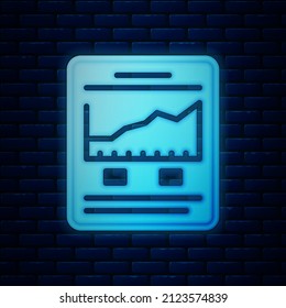 Glowing neon Website with stocks market growth graphs and money icon isolated on brick wall background. Monitor with stock charts arrow on screen.  Vector