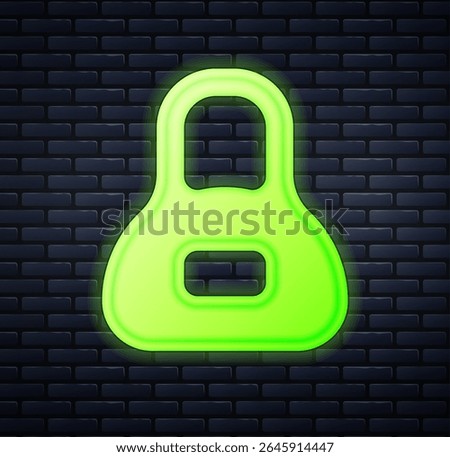 Glowing neon Weight icon isolated on brick wall background. Kilogram weight block for weight lifting and scale. Mass symbol.  Vector