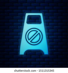 Glowing neon Wet floor and cleaning in progress icon isolated on brick wall background. Cleaning service concept.  Vector Illustration