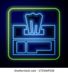 Icono del paquete de limpiaparabrisas de neón húmedo brillante aislado en fondo azul.  Ilustración vectorial