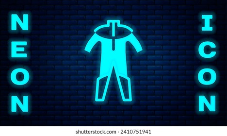 Glowing neon Wetsuit for scuba diving icon isolated on brick wall background. Diving underwater equipment.  Vector