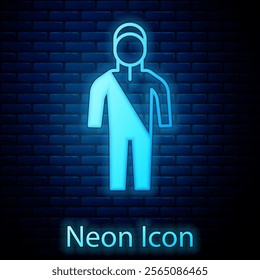 Glowing neon Wetsuit for scuba diving icon isolated on brick wall background. Diving underwater equipment.  Vector