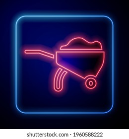 Glowing neon Wheelbarrow with dirt icon isolated on blue background. Tool equipment. Agriculture cart wheel farm.  Vector