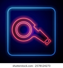 Glowing neon Whistle icon isolated on blue background. Referee symbol. Fitness and sport sign.  Vector