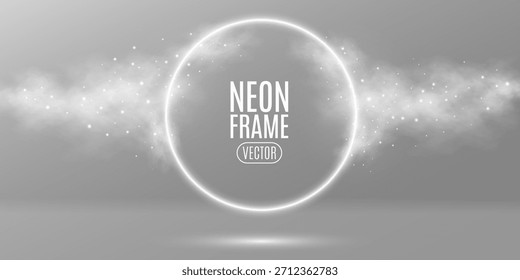 Marco redondo blanco neón brillante con efecto de niebla y partículas mágicas brillantes y sobre fondo de pared ligero. Abstractas efecto de luz para el concepto de fantasía, Anuncios elegantes o imágenes modernas. Ilustración vectorial.