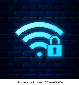Glowing neon Wifi locked icon isolated on brick wall background. Password Wi-fi symbol. Wireless Network icon. Wifi zone.  Vector Illustration