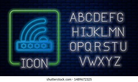 Glowing neon Wifi locked sign icon isolated on brick wall background. Password wi-fi symbol. Wireless Network icon. Wifi zone. Limited access. Neon light alphabet. Vector Illustration