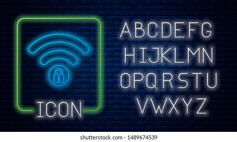 Glowing neon Wifi locked sign icon isolated on brick wall background. Password Wi-fi symbol. Wireless Network icon. Wifi zone. Neon light alphabet. Vector Illustration