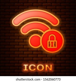 Glowing neon Wifi locked sign icon isolated on brick wall background. Password Wi-fi symbol. Wireless Network icon. Wifi zone.  Vector Illustration