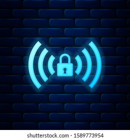 Glowing neon Wifi locked sign icon isolated on brick wall background. Password Wi-fi symbol. Wireless Network icon. Wifi zone.  Vector Illustration