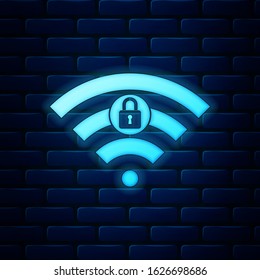 Glowing neon Wifi locked sign icon isolated on brick wall background. Password Wi-fi symbol. Wireless Network icon. Wifi zone.  Vector Illustration