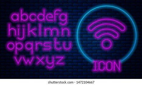 Glowing neon Wi-Fi wireless internet network symbol icon isolated on brick wall background. Neon light alphabet. Vector Illustration