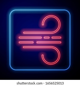 Glowing neon Wind icon isolated on blue background. Windy weather.  Vector Illustration