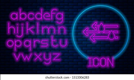 Glowing neon Wind and rain icon isolated on brick wall background. Windy weather. Neon light alphabet. Vector Illustration