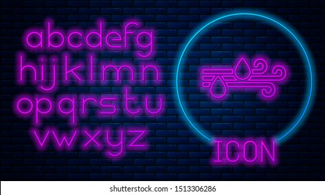Glowing neon Wind and rain icon isolated on brick wall background. Windy weather. Neon light alphabet. Vector Illustration