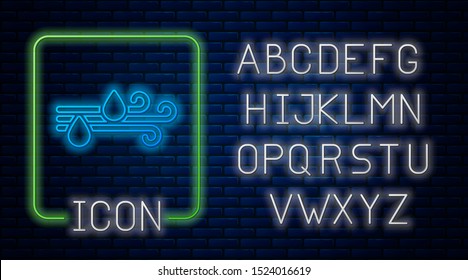 Glowing neon Wind and rain icon isolated on brick wall background. Windy weather. Neon light alphabet. Vector Illustration