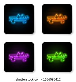 Glowing neon Wind and rain icon isolated on white background. Windy weather. Black square button. Vector Illustration