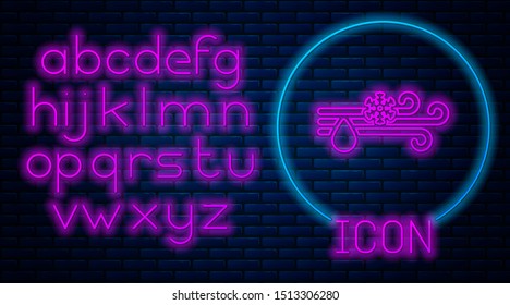 Glowing neon Wind and rain with snow icon isolated on brick wall background. Windy weather. Neon light alphabet. Vector Illustration