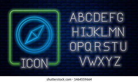 Glowing neon Wind rose icon isolated on brick wall background. Compass icon for travel. Navigation design. Neon light alphabet. Vector Illustration